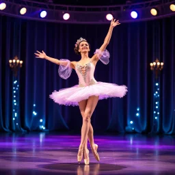 a beautiful balerina in pretty clothing in a modern cifi stage in her performance cinamatic lights .
