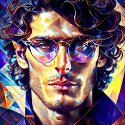 attractive young male wizard, trigonometric manganese Leonid Afremov style, detailed gorgeous face, fancy sunglasses, geometric Rubens on helium influence, hypermaximalist beautiful photorealistic detailed intricate eyes by Tom Blackwell, centered, symmetry, painted, intricate, volumetric lighting, beautiful, rich deep colors masterpiece, sharp focus, ultra detailed, in the style of dan mumford and marc simonetti, astrophotography Modifiers: fantasy cinematic lighting photorealistic ultra detai