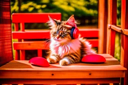 a contented long-haired cute beige kitten with big headphones on its head sits on a red bench in the woods, musical notes emanating dynamically from the headphones, mice sitting in front of the bench playing cards in the sunshine