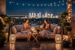 Middle shot from a beauty lady is sitting on the sofa in a nice shiny dress and enjoying the evening atmosphere. , a Roof terrace with sofas, one poof a small table with cocktail and potted plants. The area is lit by string lights, cozy atmosphere. the illuminated terrace and the view of the big city in the background makes this environment relaxing and spectacular. high detalied, cinematic