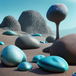 Wonderful pebbles, 30mm photography, 8k, 3d, sharp focus, Yves Tanguy, Max Ernst, Audubon, Amano, cinematic, photorealism, ZBrush, volumetric light, octane render, sparkles, blue eyes, surreal