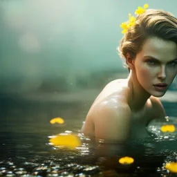 eva herzigova underwater with yellow flowers for hair, closed eyes, rtx, reflection, 8k, glow, winning photography, caustics