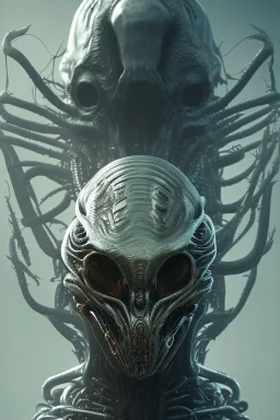 evil predator with crown, alien, brutal face, tron, head, bitcoin eyes, 8k, finely detailed, dark light, photo realistic, hr giger, cyberpunk