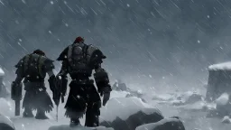 3 Warriors in blizzard, from behind, comic style