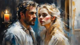 Portrait of a man and a stunningly beautiful blonde woman, made of tulle, window, detailed fabric painting, Candlelight Insanely detailed painting by Pino Daeni, Jeremy Mann, Carne_Griffiths, Vadim Kashin, James Gurney, thick paint strokes, texture, 16k resolution, fine art, natural light, beautiful