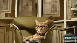 very clever cat with glasses in chair.