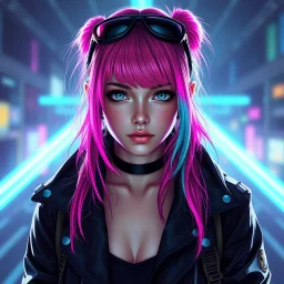 a pretty cyberpunk girl, bright coloured hair, storyteller and dreamer, young, futuristic, dystopia