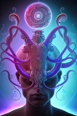 Spiritual being with Tentacles over human Head creating reality around, wrapping Spiral around Human, Psychedelic