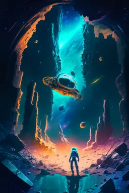 Digital Painting, dark, starry background with a central image of a perplexed astronaut floating in space, surrounded by abandoned alien ruins, Surrealism