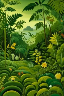 An olive green jungle with yo-yos painted by Henri Rousseau