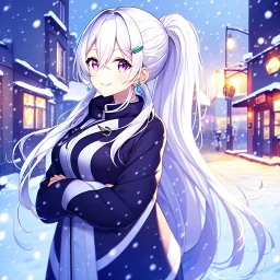 girl, masterpiece, best quality, volumetric lighting, detailed outfit, perfect eyes, long hair, white hair, purple eyes, snowing, winter clothes, smiling, street, ponytail, hairclip, earring, hair between eyes,