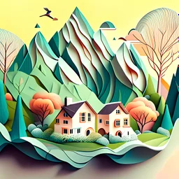 Beautiful nature, houses, Mountains, trees, papercurl illustration.
