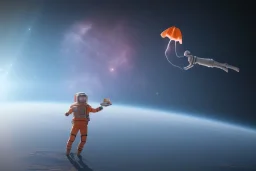 man in space, feeding a carrot to a unicorn in space