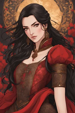 A (((beautiful woman with long, brown hair and red eyes))), in the Witcher universe, anime style, highly detailed, representing a (((royal medieval concubine))), clad in intricate ((red and black clothes)), set against a (detailed, anime-inspired backdrop)