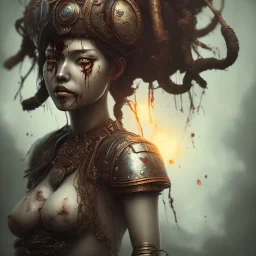 an abstract painting of rusted wood, woman japanese with big breast, big black hair,blood face, Viking style, 8K, a Highly detailed stunning full frame portrait, wide-angle view, a realistic face, volumetric lighting, volumetric clouds