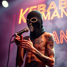 a very thin swedish man, with a skimask with only a hole for the mouth (no eyes), he is called "KEBAB MAN" performing at death metal club, his name is "KEBAB MAN" kebab rolls On stage, kebab Neon lights and smog, and "KEBAB MAN" big sign on the wall, kebab tribal tattooes, spinning kebab machines, flames and smoke, chaos, he singing with mic,