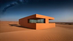 Amidst the desert, a bold house rises among the dunes. The rectangular orange base blends seamlessly with the sandy hues, creating an illusion of continuity with the landscape. The upper floor, with its angular forms and glass walls, catches the blazing sun and the vast stars of the night sky.