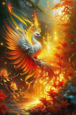 a firebird, fiery feathers that shine with silver and gold and burn with fire, a long sparkling tail burns with fire, wings like tongues of flame, eyes glow like crystals, an unusual fiery light reflects its belonging to another non-human world, in a faraway kingdom in a beautiful garden, rejuvenating apples grow in the garden, realism, light, highlights