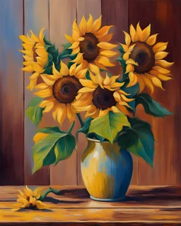 a painting of sunflowers on a wooden table, vibrant gouache painting scenery, art station landscape, colors: yellow sunflowers, colors : yellow sunflowers, colorful landscape painting, inspired by Vincent Van Gogh, painting on a canvas, inspired by William Didier-Pouget, inspired by Lilia Alvarado, impressionistic painting, colorful impasto brush strokes