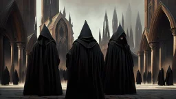 hooded monks in black robes in front of cathedral