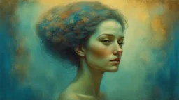 portrait of a beautiful woman, soft lighting, elegant, detailed, vintage style, cool colors, art by Zdzislaw Beksinski