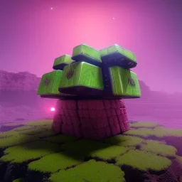 borg Cube spaceship with tentakel Coral plants growing out of it over a rocky desert with pink crystals