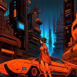 cyberpunk retro futuristic for comics from far away in orange