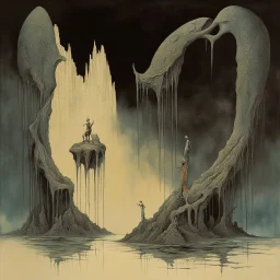 God is the author of all things except evil, asymmetry surrealist album art, by Gerald Scarfe, by Zdzislaw Beksinski, liquid dripping matte paint, dark foreboding colors.