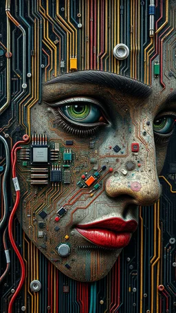 Bosch style painting , A face in details . The texture of the face is a collage of many peace’s of 3D electronic chips , 3D transistors , wires and 3D buttons parts
