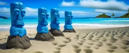 A beach with blue Hawaiian tikis