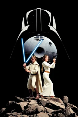 black background onto which the outline of darth vader is filled with stars and the Death Star is large within, in front in poses from the original star wars posters is Luke Skywalker with lightsaber and Princess Leia Organa with pistol both in white clothing atop crumbling stone