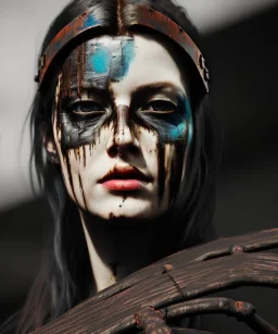 an abstract painting of rusted wood and ravens, Viking style, 8K, a Highly detailed stunning portrait of a woman, a realistic face