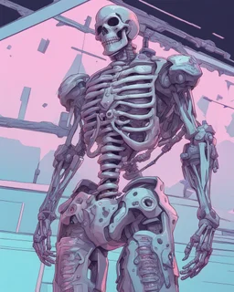 Anime style cyborg skeleton protagonist, 90's cyberpunk video game, cel shading, convoluted, hyper detailed, pastel tones,