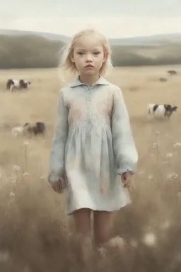 Illustration of model gemma ward as toddler, in a field,, cow,,style of Marcel Marlier, pastel colors