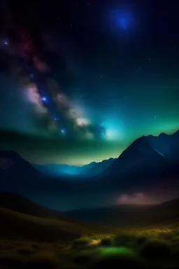 Beautiful landscape with mountains under night skylight with stars and aura HD real life photo
