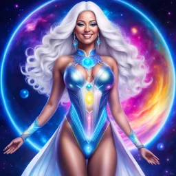 full body photorealistic portrait of a beautiful smiling amazonian spiritual goddess with long parma white hair, tight hips with a tron like body suit tribute to the galaxy in a cosmic surounding only blue , pink and yellow, crystal jewels