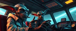 portrait of researcher slender alien rich troll gnoll dark elf hill billy fluffy captain pilot focus controlling flight stick in deep action, gremlin cyber punk with two crew members, in sci fi air ship waiting hall, in future dynasty