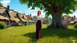A photorealistic image of a red-haired, slender woman standing in a village green, surrounded by many thatched cottages, next to a large tree. Sunny day.