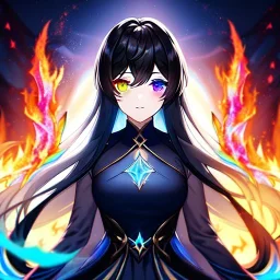 8k, Girl, high quality, detailed, black hair, heterochromia, beautiful lighting, vibrant colors, twins, fire and ice magic,