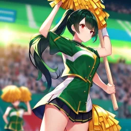 Clear focus,High resolution,High quality, Dark Green Ponytail hair, Red eyes, Cheerleading