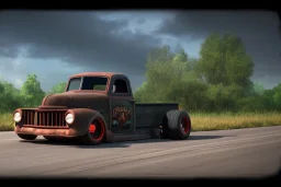 classic chopped mack ratrod truck, hotrod wheels, hdr, uhd, 8k, center camera, perspective view, pivot on truck, by wicked fabrication