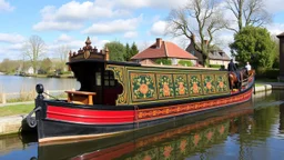 Historic traditional horse-drawn canal barge, long boat on an English canal. The boat is beautifully painted in an ornate, colourful traditional style. Aaward-winning colour photograph.