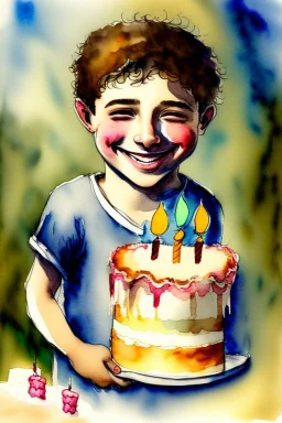 A cute smiling jewish boy is holding a lion and a birthday cake. Watercolour