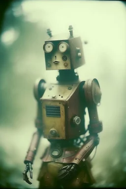 steampunk, vintage analog polaroid of a woman robot, female body, fog, lomography, heavy film grain, rain, color bleed, depth of field, bokeh, retro