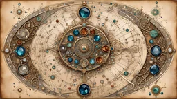 a ((detailed_Leonardo_da_Vinci_schematic_of_silver_filigree_jeweled_hair_sticks_drawn_on_jeweled_weathered_parchment_bold_lines_loose_lines)), lapidary schematic background, overhead view, deep rich colors, (shiny glass jewels), ultra quality, ultra-detailed, 16k resolution, trending on Artstation, gorgeous and elegant, unique