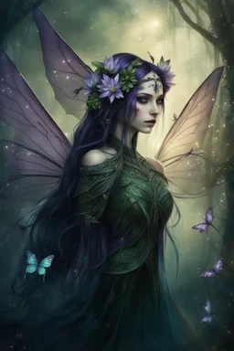 Blomde hair , , dark Fairy wings Purple hair,water lilies,dark fairy princess,nymph,elven crown,dragonflies,tiara,,gothic,glitter,rapunzel hair, very long hair,green eyes, sparkle