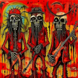 Lovecraftian scarecrow heavy metal band, dramatic, by Jonathan Meese, 2D oil painting, red hues