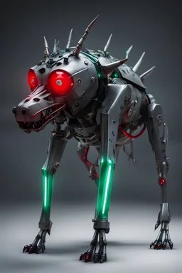 A fierce looking metal hound with red glass eyes with green-blue neon lights in them, eight legs, and rubber-padded paws. Its snout contains a four-inch hollow steel needle from which it can inject its victims with an anesthetic, before throwing them in the incinerator.