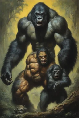 Tarzan and an extremely ugly werewolf gorilla - oil painting by Boris Vallejo