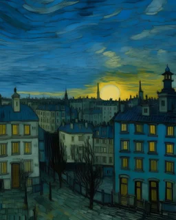 A grayish blue twilight city painted by Vincent van Gogh